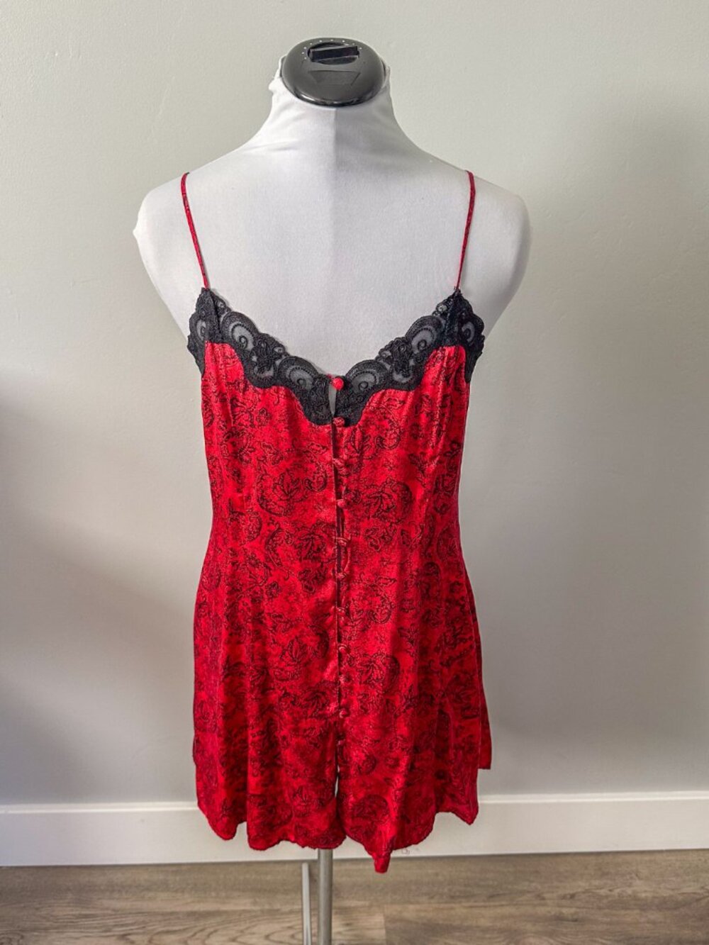 Vintage Morgan Taylor Red Silk and Black Lace Lingerie Slip